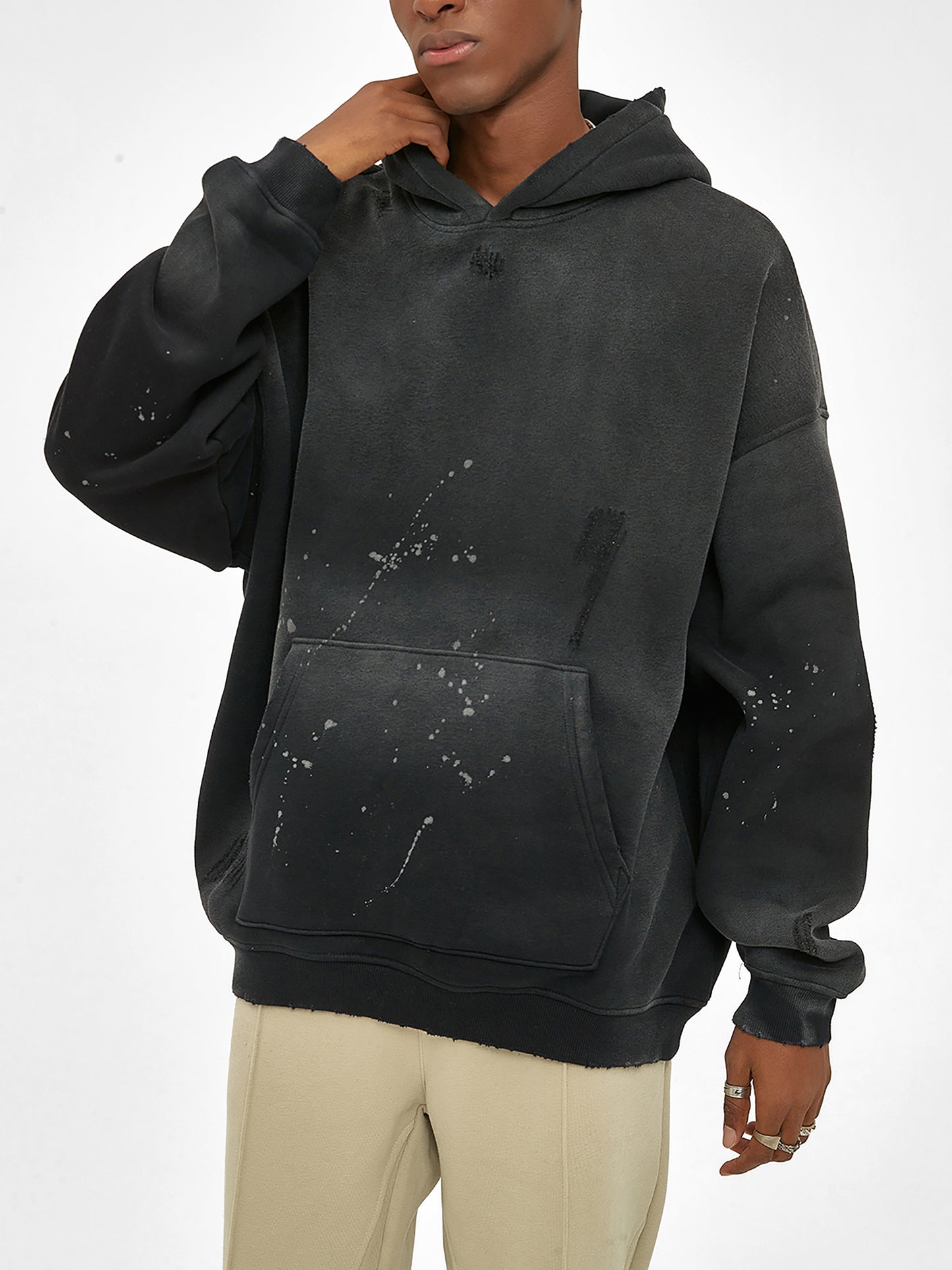 0124 Vintage Wash Frayed Fleece Hoodie - 360 GSM