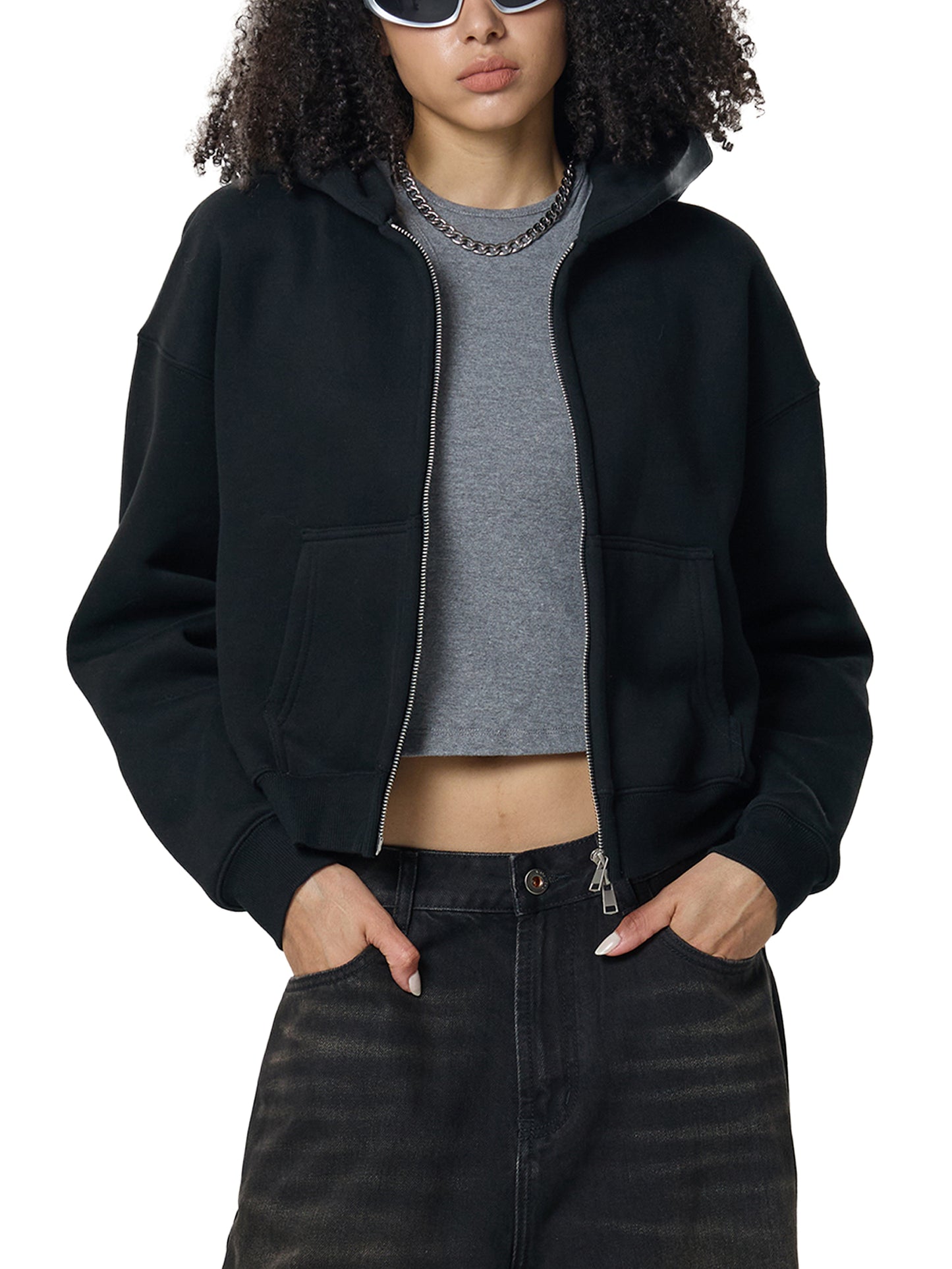 FLEECED ZIP-UP CROPPED HOODIE